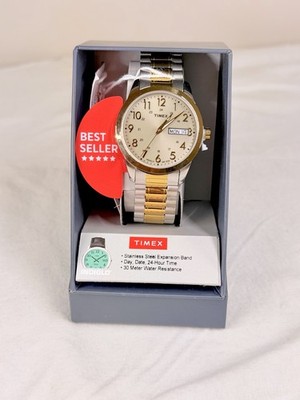 TIMEX Indiglo Men's Watch Day/ Date 2 Tone Silver/Gold Expansion Band
