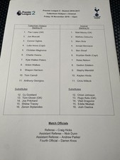 TOTTENHAM HOTSPUR U23 v Arsenal U23 PL 2 Teamsheet 18 November 2016