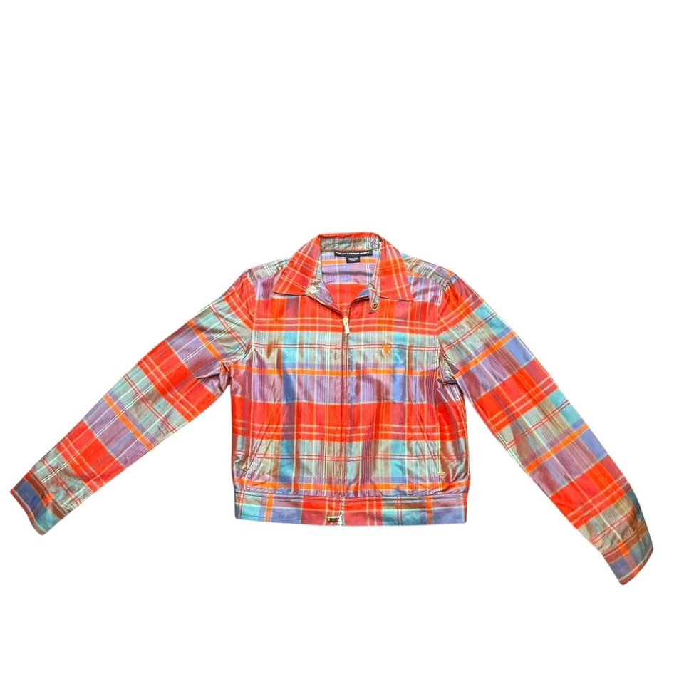 Ralph Lauren Sport Mujer’s Pequeña Chaqueta a Cuadros Roja Azul Cremallera Recortada Y2K De Colección Foto 2 de 4