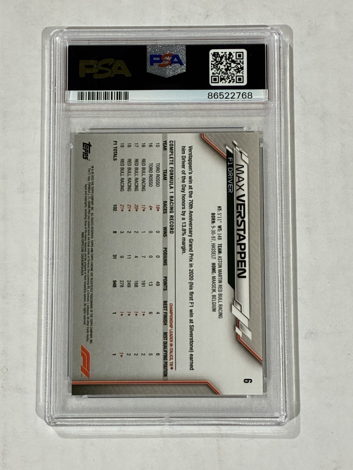 2020 Topps Chrome F1 #6 Max Verstappen Portrait PSA 9 Mint Rookie Card RC view 2
