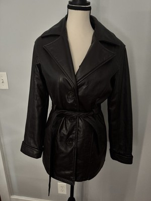 Wilsons Leather Womens XS Dark Brown Leather Belted Trench Coat Thinsulate