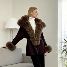 Cardigan donna staccabile vera pelliccia di volpe collo manica polsino maglia cappotto medio lungo