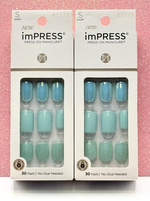 Kiss imPRESS No Glue Press-On Nails Manicure Short Aqua Blue Glitter Lot Of 2