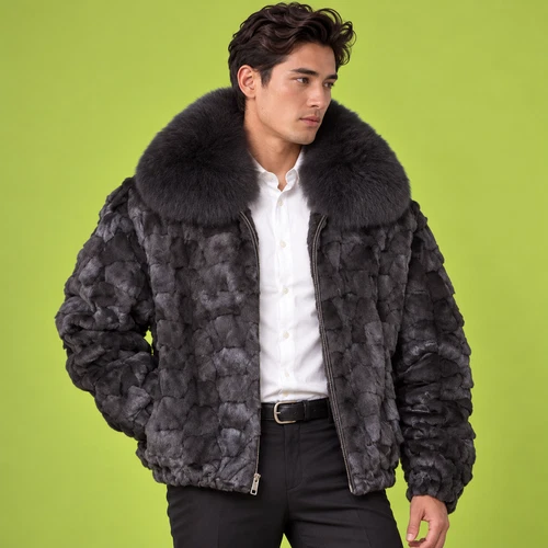 Dark Grey Mink Fur Jacket with Fox Fur Collar Luxury Men’s Warm Bomber Jacket - product listing photo