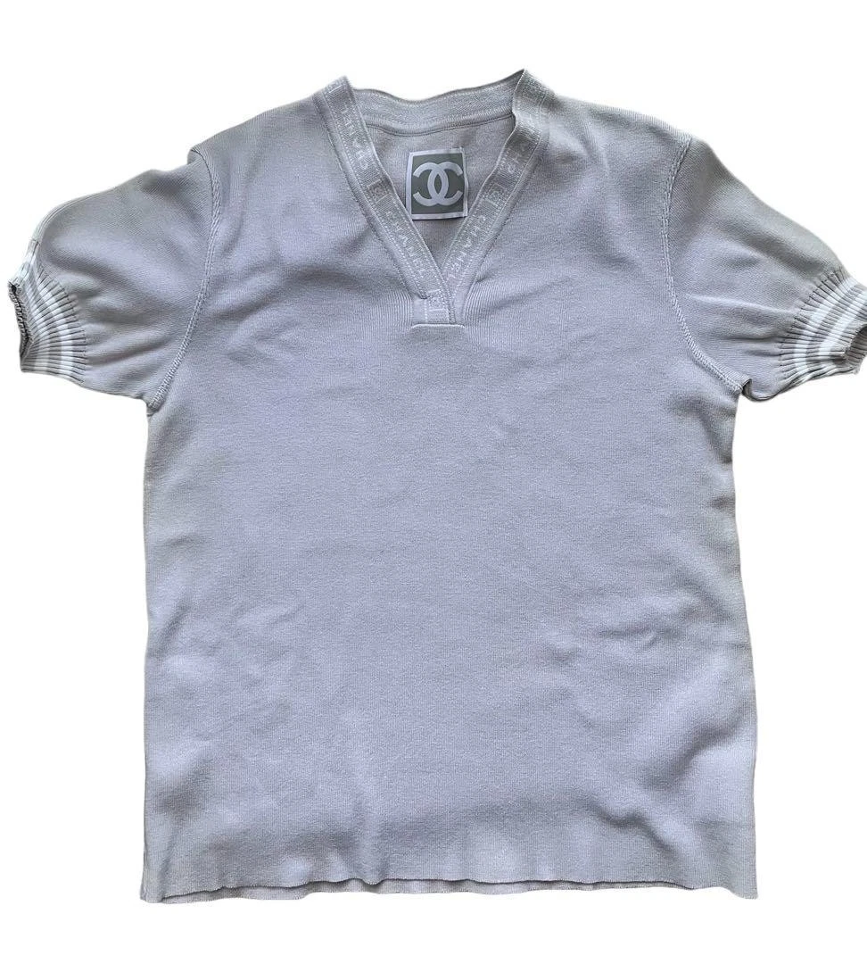 Chanel — CHANEL Sports Auth Women's Short Sleeve Shirt T-shirt Tops Gray Cotton V-neck