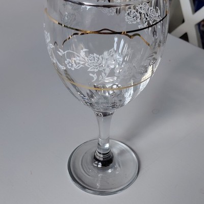 Set of 6 Clear Glass Stemmed Wine Glasses Floral Etched Gold Band Trim