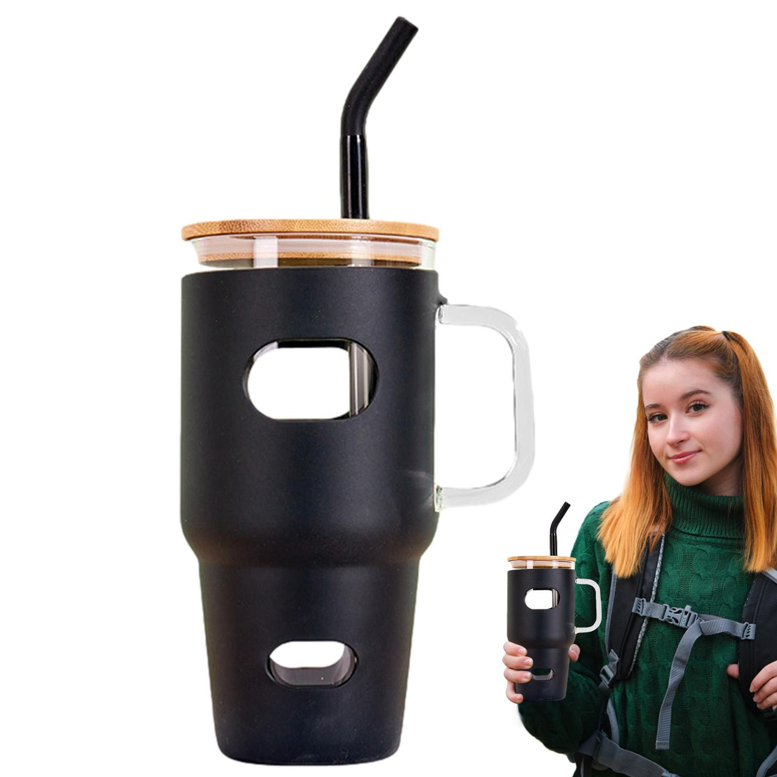 Glass Tumbler Cup With Straw & Lid Water 32 oz Glass Coffee Cups With