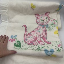Vintage Beacon Baby Blanket Satin Edge 36"x50" Cat Dog STAINS Unused 60's