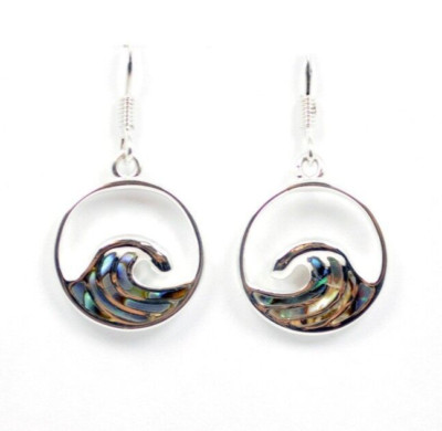 Solid 925 Sterling Silver Natural Abalone Shell Women's Ocean Wave Drop Earrings