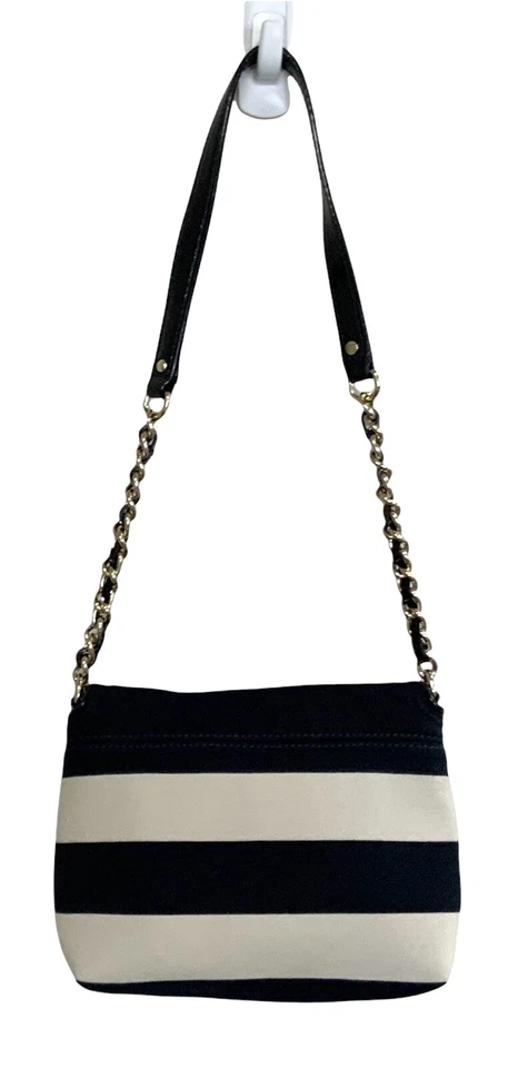 Bolso Cartera Kate Spade Academy Rayas Solapa Tirantes, Cadena Azul Marino y Gris/Beige Foto 2 de 4