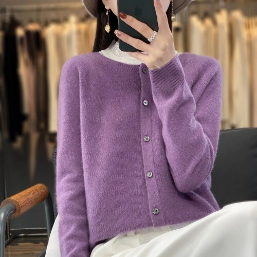 Merino Wool Long Sleeve Knitted Cashmere Sweater Ladies Knitted O-neck Cardigan - Picture 39 of 39