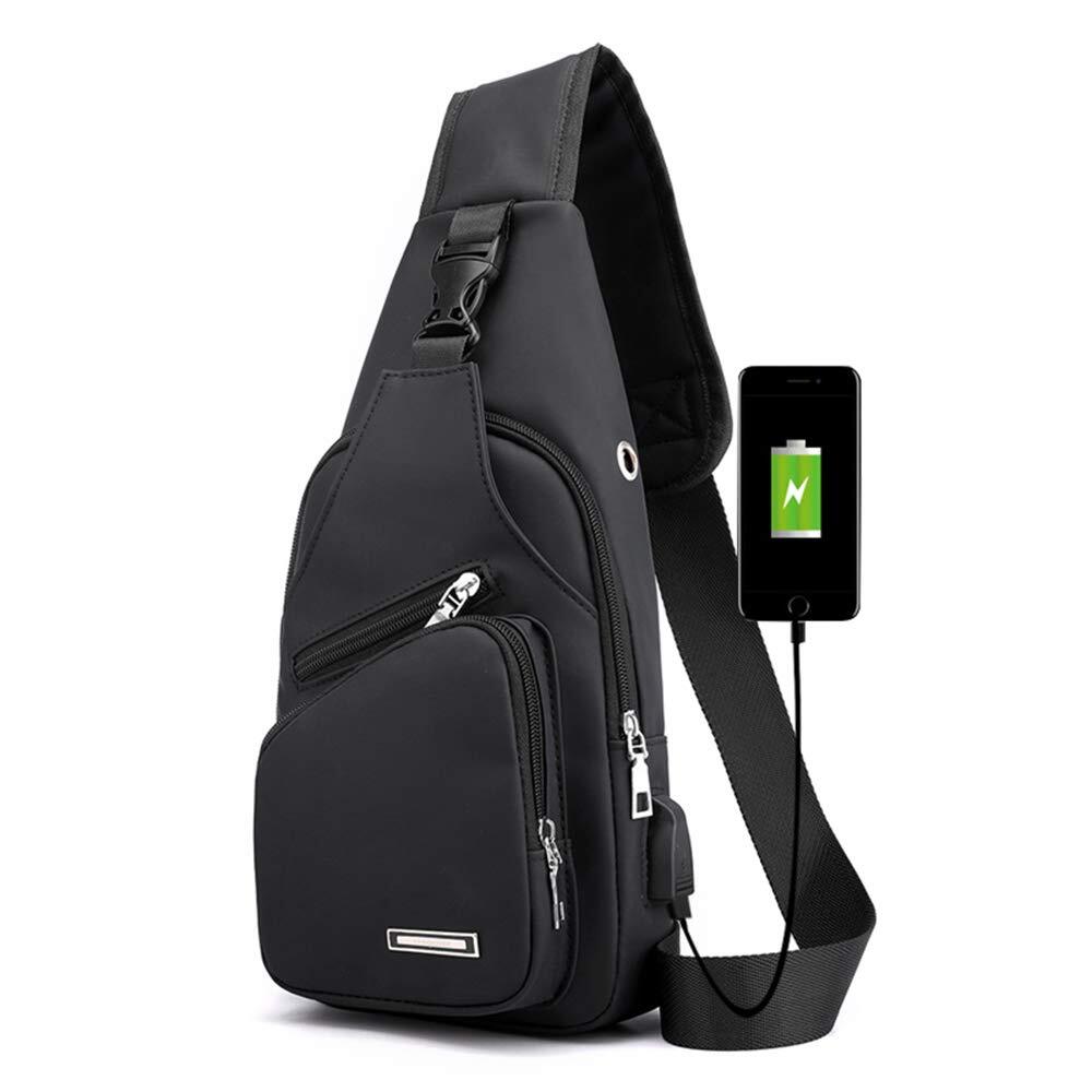 Mens Sling Bag, Leather Sling Bag with USB Charging Port Waterproof HikingTra...