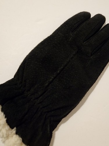 Womens Isotoners, Black Suede Gloves, White Faux Fur Lining size L, NEW - Picture 6 of 6