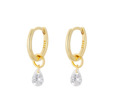 Women Girl Gold Plated Dangle Teardrop CZ Round Huggie Hoop 10mm Earrings PE62