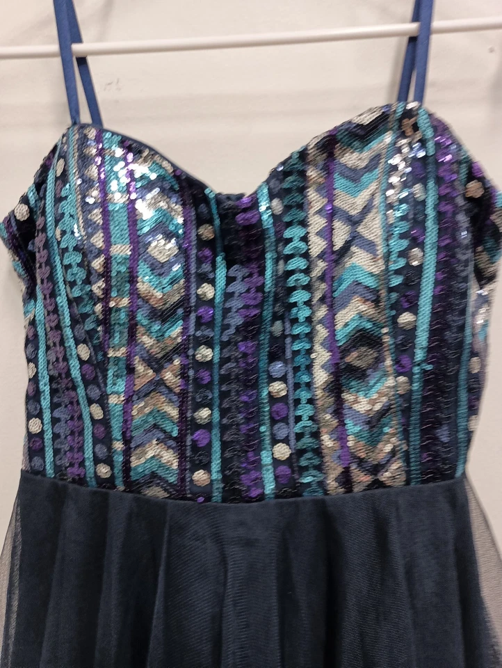 Vestido de Colección Y2K Nights By Teeze Me Para Mujer Sin Tirantes Talla 11 Azul Marino Lentejuelas Corsé Tul Foto 2 de 4