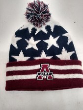 US Army Knit Beanie Cap Burgundy White Blue with Pom Pom