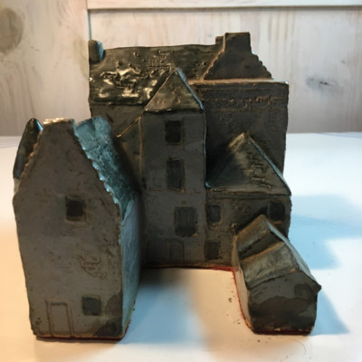 Vintage Miniature Buildings Clay Glazed Row Houses CourtYard Felt Bottom 5'' Tall