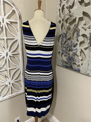 WHITE HOUSE BLACK MARKET size 10 STRIPE V BACK STRETCH SLEEVELESS SHEATH DRESS - Picture 3 of 6