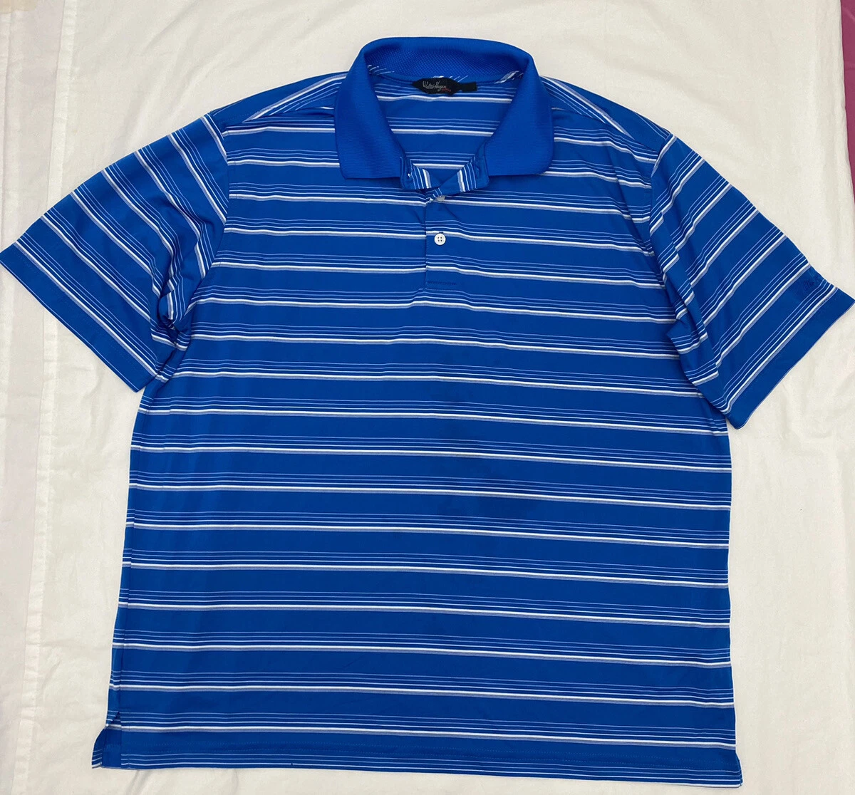 walter hagen essentials golf Polo shirt men s large blue striped 100 Polyester
