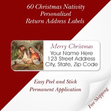 60 Christmas Return Address Labels Personalized 3/4" x 2 1/4" Nativity