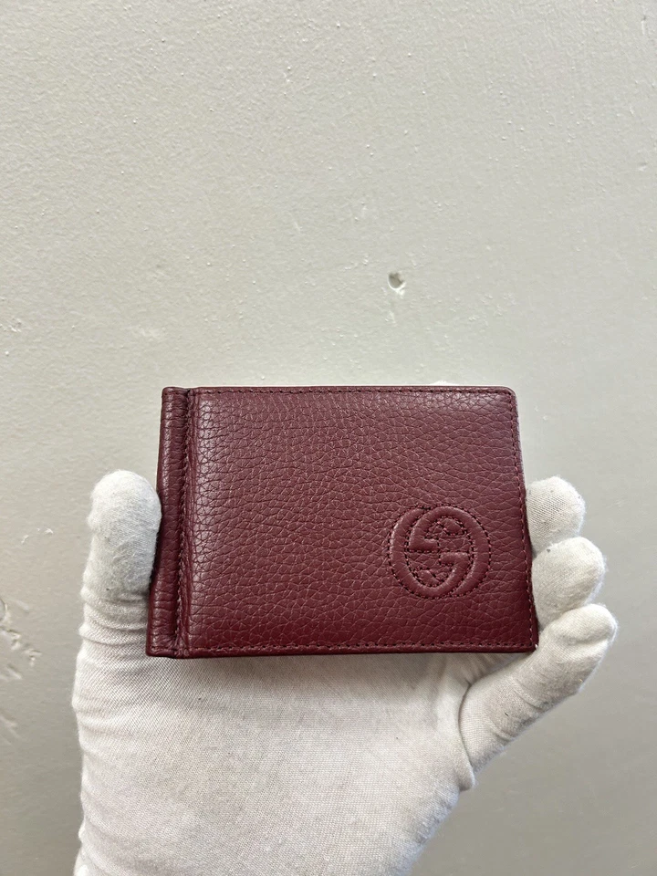Gucci Slim Embroidered Gg Embossed Brown Maroon Leather Bifold Wallet Cash Clip - Image 2 of 4
