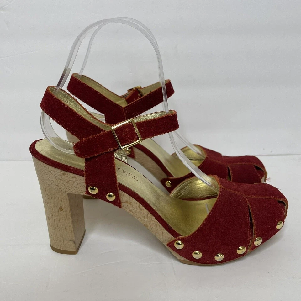 JESSICA BENNETT Mujer Rojo Gamuza Tirantes Grueso Tobillo Correa Tacones Retro Años 70 7.5 Foto 2 de 4