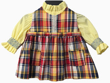 2pc Vintage Handmade Plaid Dress 6 9 12 Month Baby Long Sleeve Cotton Yellow 70s