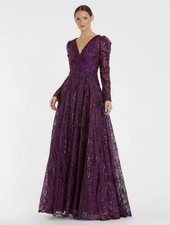 Mac Duggal Embellished V Neck Long Sleeve A Line Gown 20 Plum 20353 Formal Gala