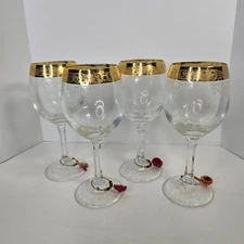 Vintage Gold Encrusted Etched Crystal Grape Pattern 6.5" Stem Wine Glasses 4