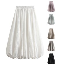 Combhasaki Women's Elegant Elastic High Waist Solid Color A-Line Pleated Puffbal