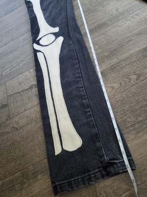 MNML Skeleton Bones Denim Jeans Mens 31x34 Black Grunge Button Fly