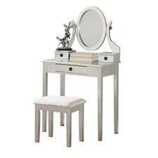Roundhill Furniture Moniys Wood Moniya Makeup Vanity Table and Stool Set, Silver