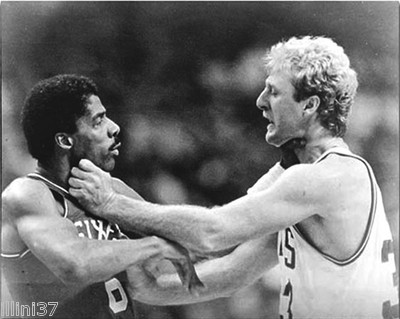 LARRY BIRD JULIUS ERVING DR J BOSTON CELTICS 76ERS 8X10 CHOKE FIGHT PHOTO