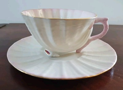 Vintage Belleek TEA CUP & SAUCER Neptune Pink & Cream, Gold Trim