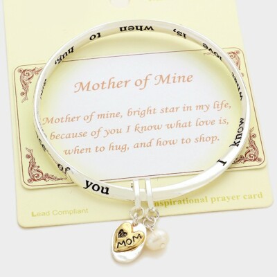 Mom Bracelet Mother of Mine Bangle Heart Flower Pearl Blessed Religious SILVER