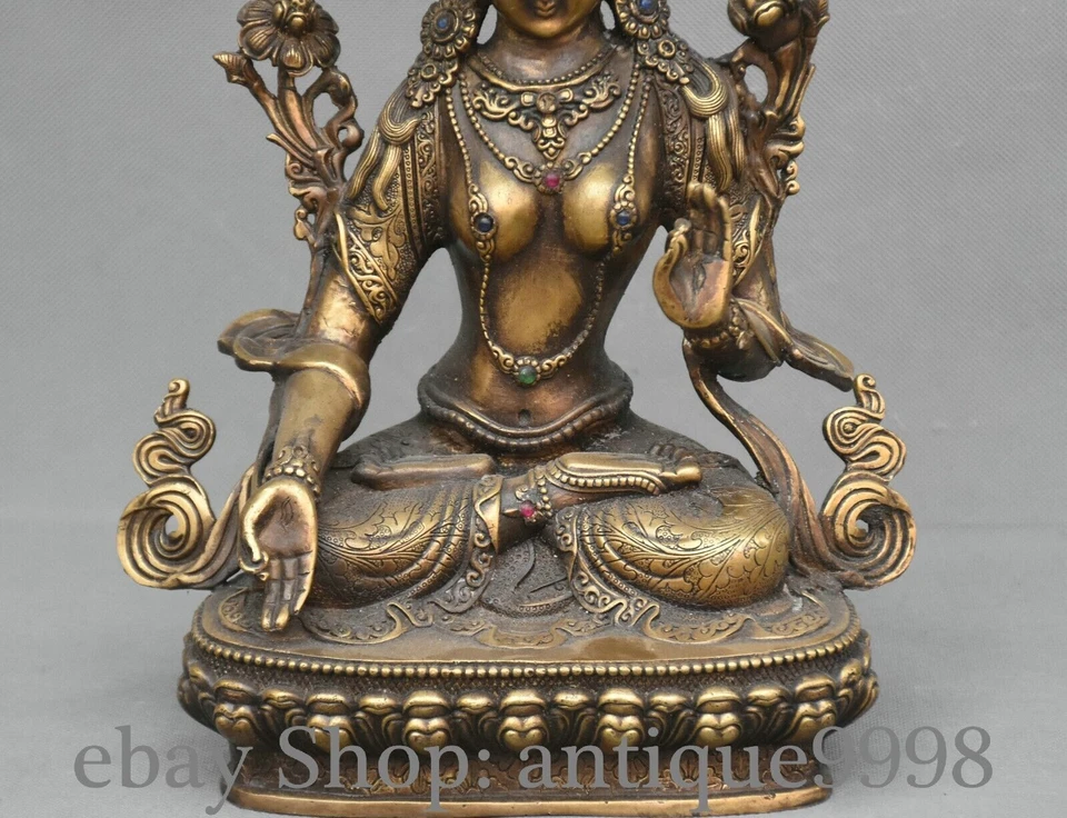 Estatua Ilustración Budismo Tara Mahayana Blanco Dorado Bronce Tíbet Antiguo 12,5"" Foto 3 de 4