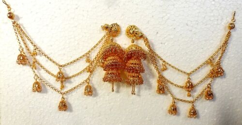 Bahubali Earrings 3 Steps Jhumka Long 3 lines Chain upto Hair 22K Gold  Plated | eBay