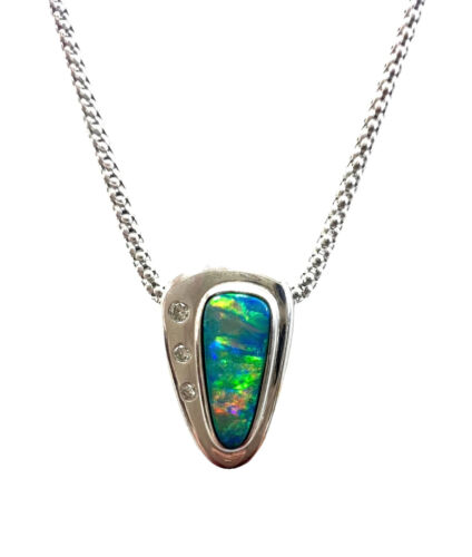Vintage Fine Jewelry Boulder Opal & Diamond Pendant on 16 inch chain in 18KT WT - Picture 2 of 7