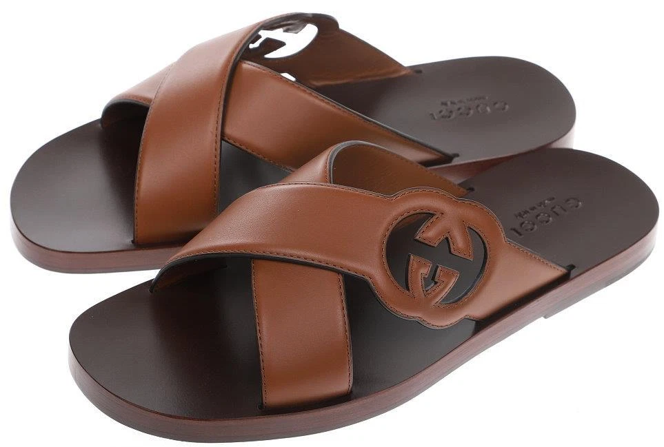NOUVELLES SANDALES HOMME GUCCI CUIR DÉCOUPÉ ENTRELACÉ LOGO G À GLISSIÈRE 9/US 9,5