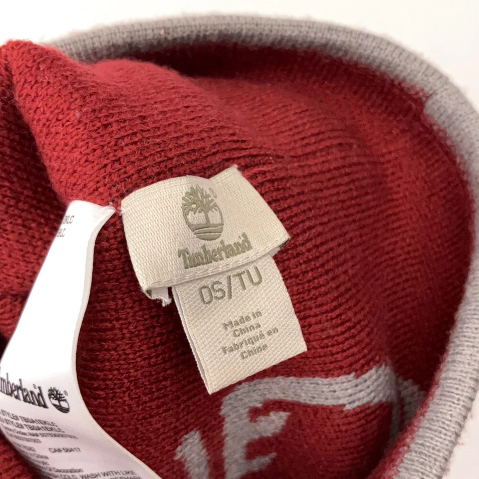 Sombrero Timberland Rojo con Delgado Gris Rayas Invierno Pom Pom Foto 4 de 4