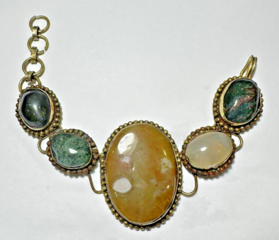 Bracelet Ancien En Argent 925 Et Or 18 Carats Avec Cabochon D’agate – Pièce Vintage