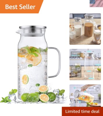 2 Liter 68 oz Glass Pitcher with Lid and Spout, Glass Carafe for Hot/Cold Wat...