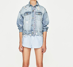 ZARA NEW WOMAN Combined poplin and ripped denim jacket light blue L 9123/091