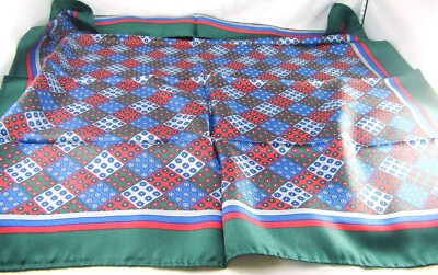 100% Silk Made in Italy 26'' Sq. Scarf Green, Gray, Blue, Maroon Floral Print NEW