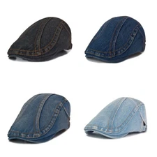 Retro Mens Flat Cap Washed Denim Newsboy Gatsby Beret Driving Hat Outdoor Casual