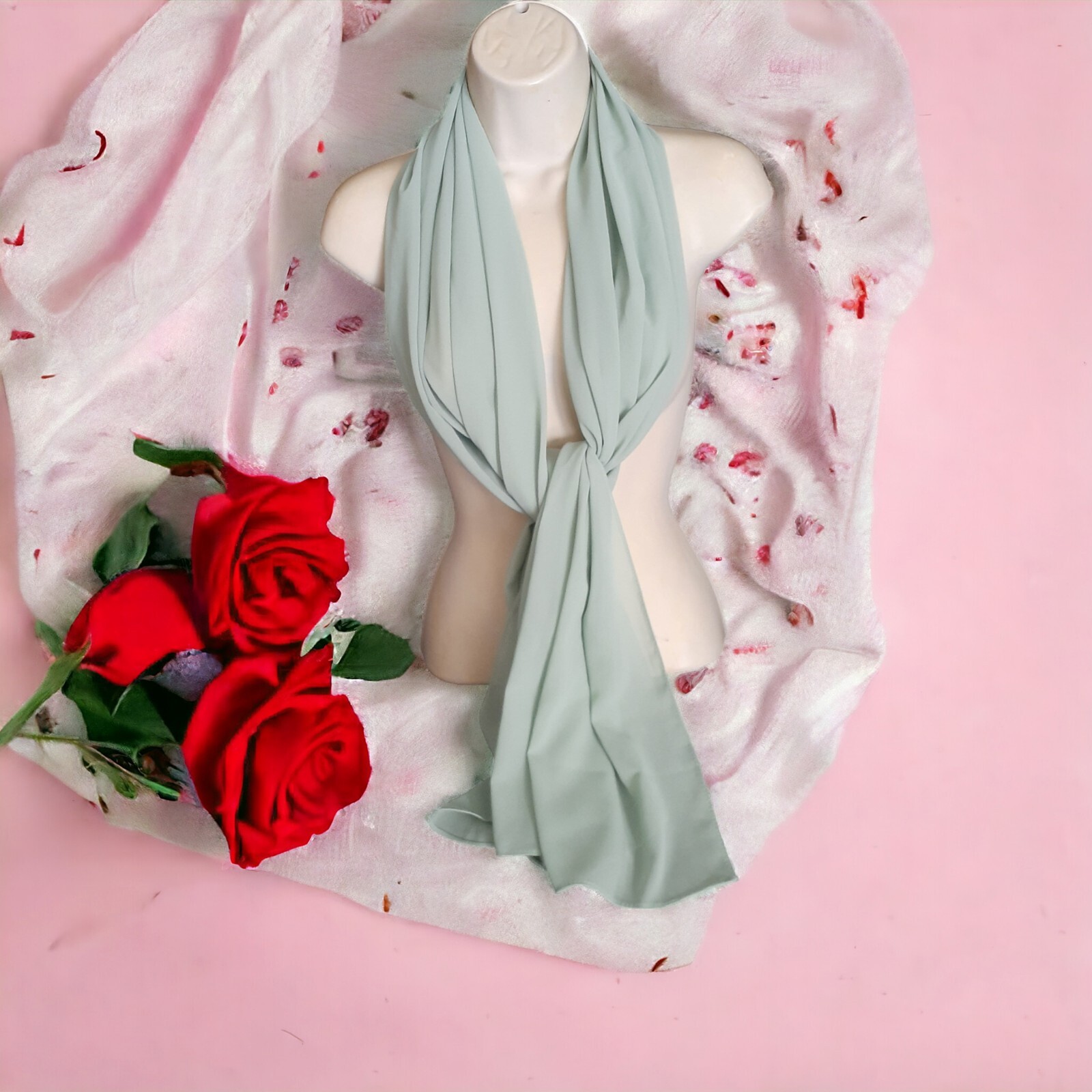 Large Rectangular Scarf Wrap Sheer Crepe Green Po… - image 11