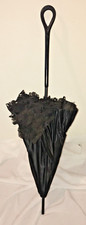 Antique Silk Parasol Umbrella Black Wood Handle Carved Mourning Please Read Desc