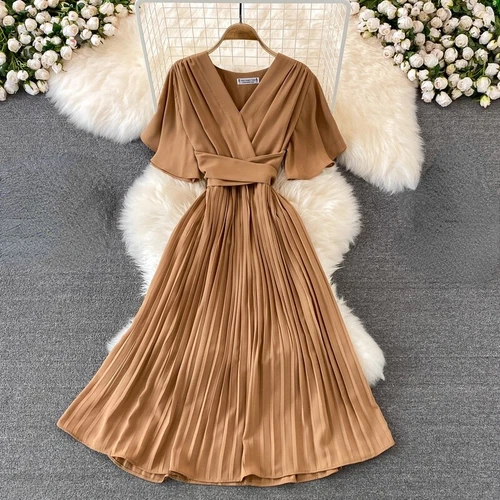 Damen Midikleid A-Linie Swing kurz Schlagärmel V-Ausschnitt Plissee elegant Sommer - Bild 8 von 35