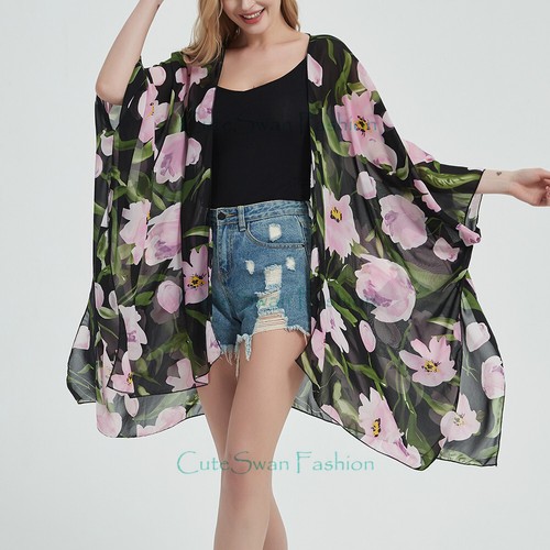 PLUS WOMANS CHIFFON LONG KIMONO WATERFALL CARDIGAN FLORAL TOP HIPPIE LOATY SHAWL - Picture 30 of 38