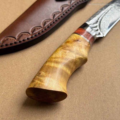 Coltello da caccia artigianale Damasco Vg10 sopravvivenza lama fissa con fodero in pelle - Foto 7 di 18